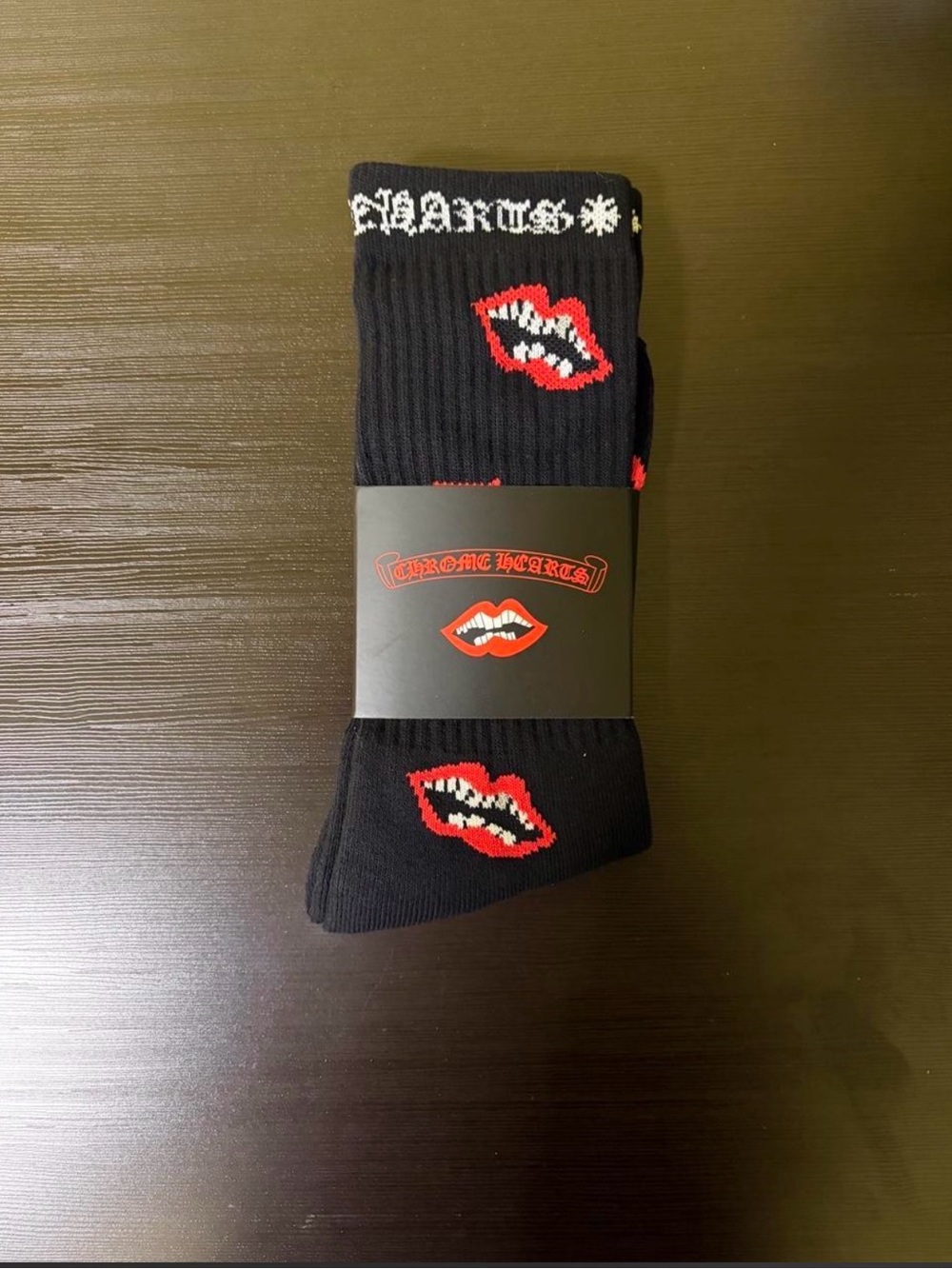 Chrome Hearts Black Crew Socks with Red Lip Motif